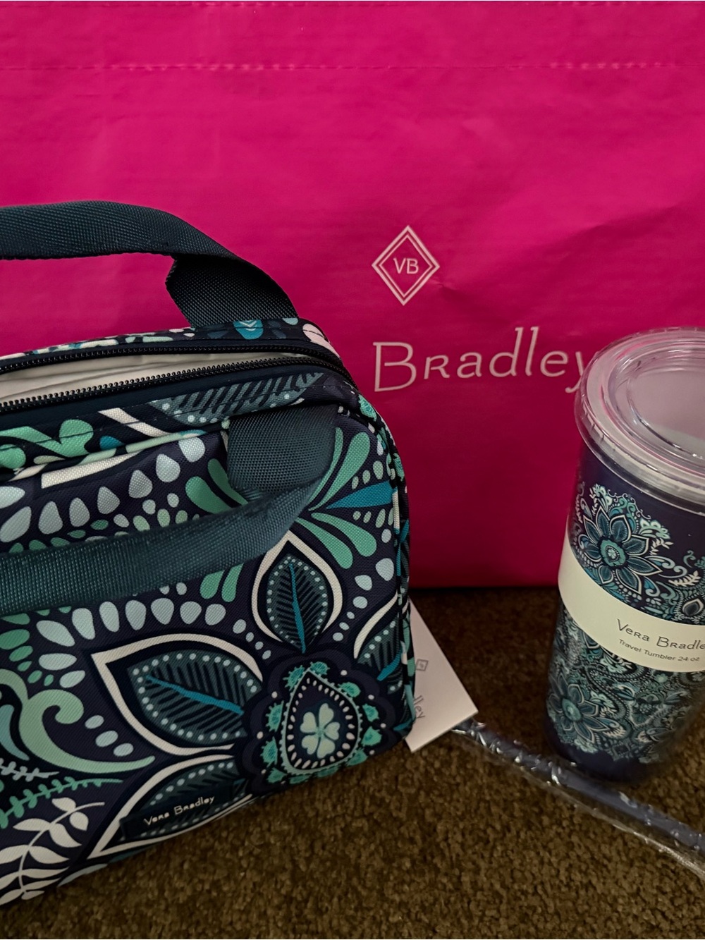 Vera Bradley Teal and Navy Floral Insulated Lunch Bag with Matching Tumbler